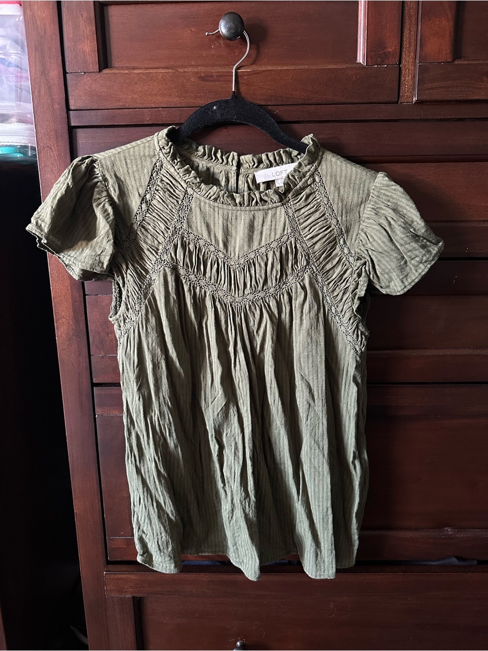LOFT Olive Smocked Short-Sleeve Blouse
